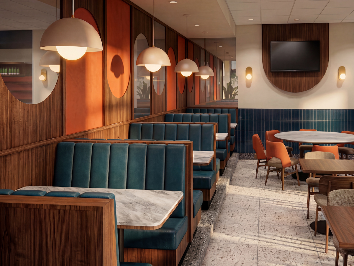 Design intérieur du restaurant Eggsquis Brossard : aménagement moderne avec banquettes en bois, comptoir bleu et mur orange par Dany Perron