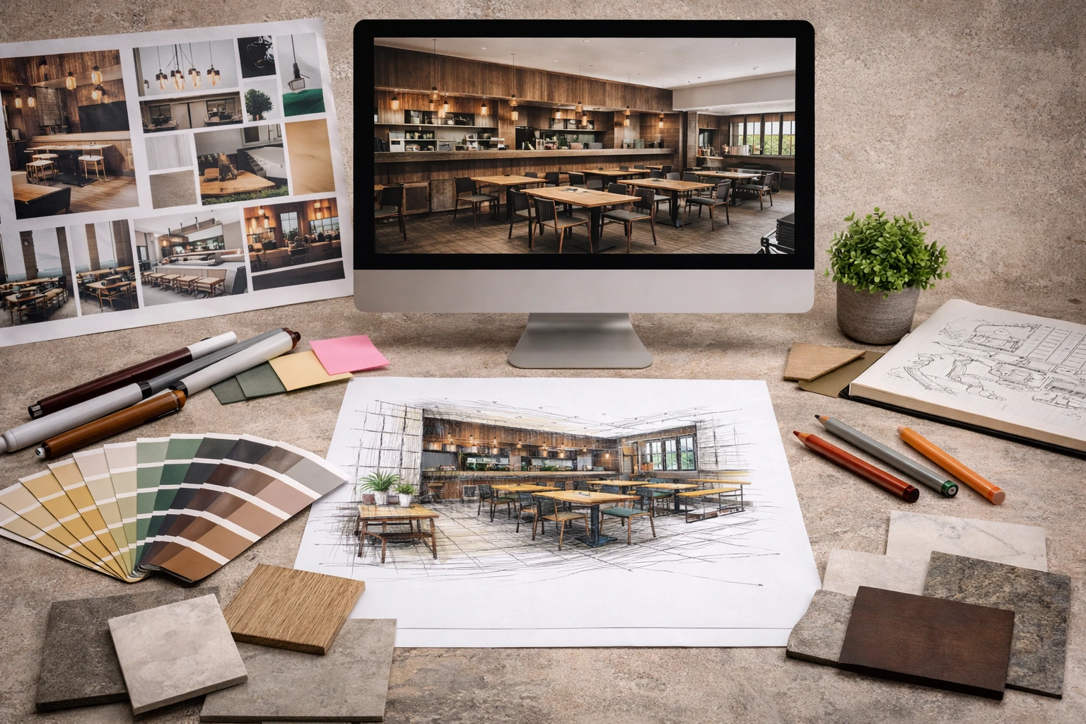 Un ordinateur posé sur le bureau de Dany Perron, designer d'intérieur commercial, qui présente l'intérieur d'un restaurant moderne. Autour de lui, des croquis, des échantillons de couleurs et de matériaux, ainsi qu'une petite plante en pot, illustrent l'espace de travail créatif d'un projet de design intérieur commercial à Montréal.