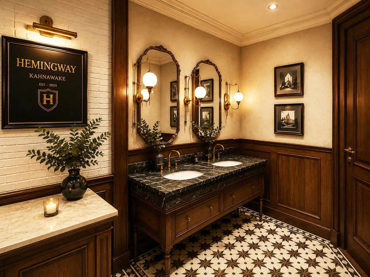 Salle de bain raffinée dans un restaurant haut de gamme avec vanité en marbre noir, boiseries classiques et éclairage laiton. Dany Perron designer d'intérieur commercial