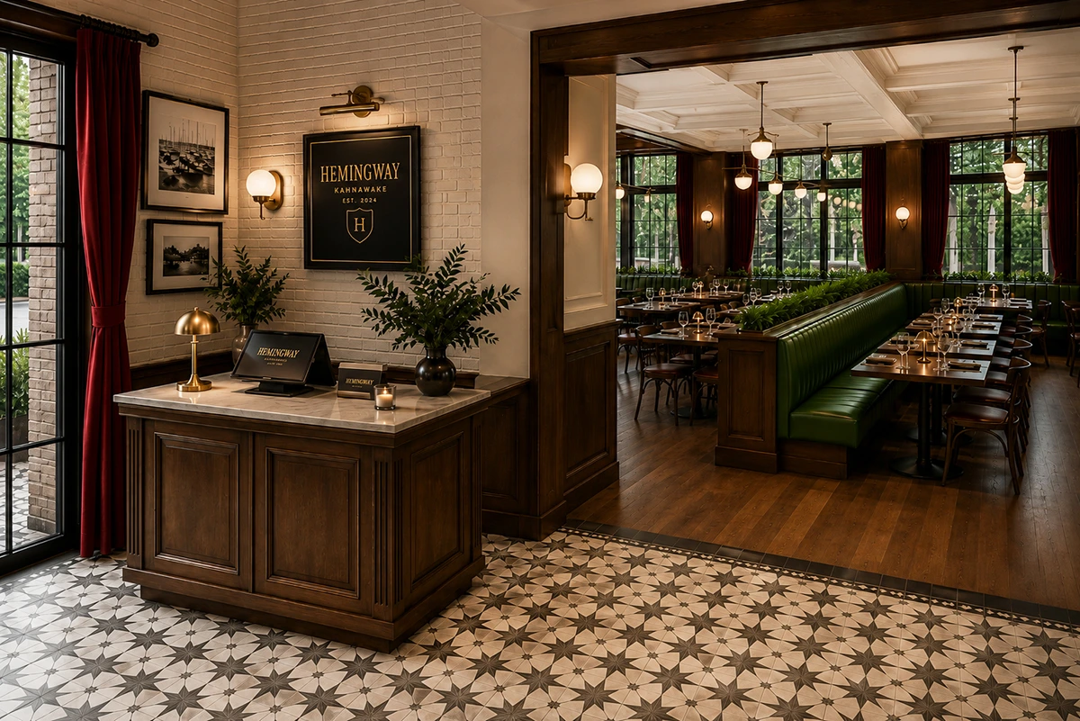 Vue de l’entrée du restaurant Hemingway avec réception en bois, plancher décoratif et salle à manger au design intérieur classique contemporain