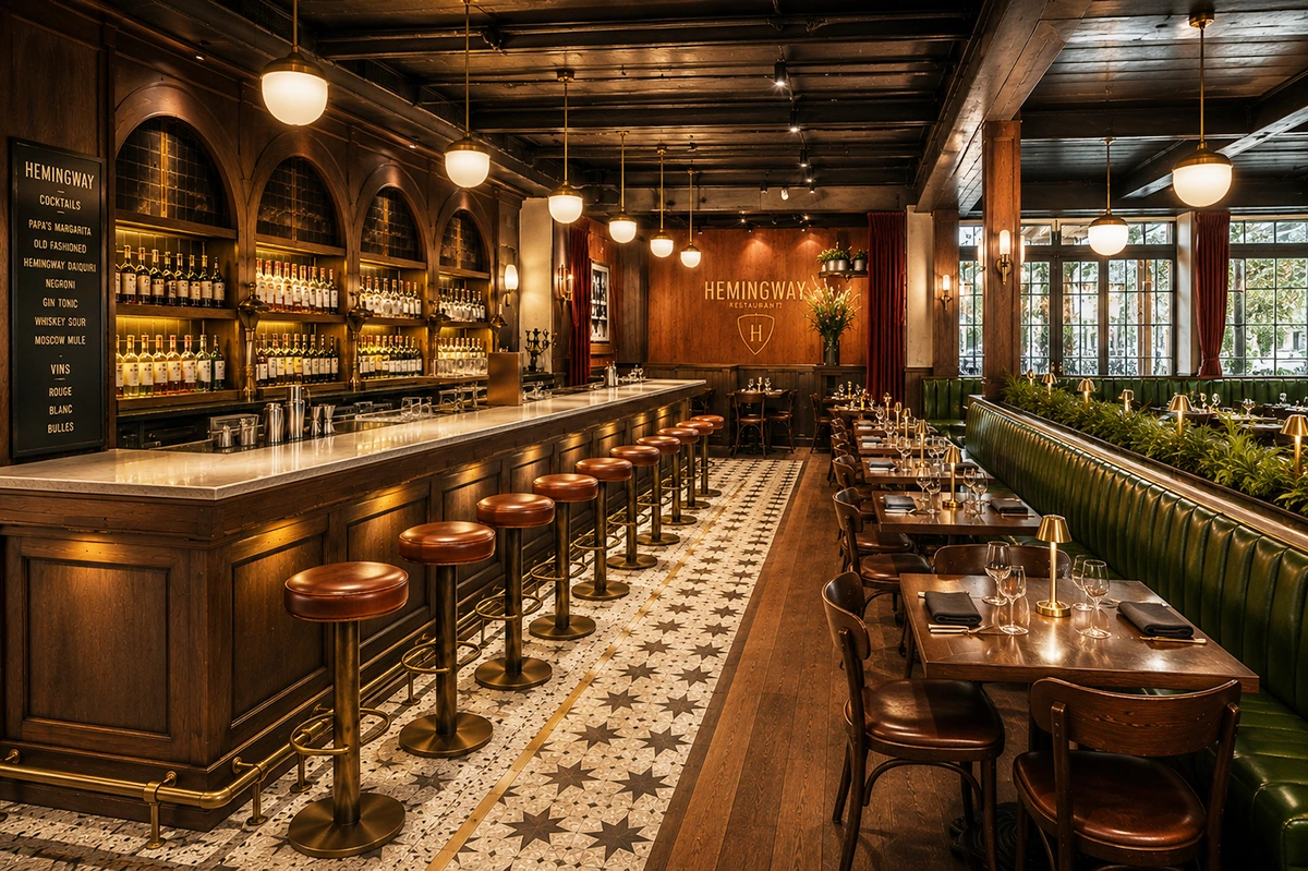 Aménagement intérieur d’un restaurant avec grand bar en bois foncé, éclairage chaleureux et salle à manger conviviale