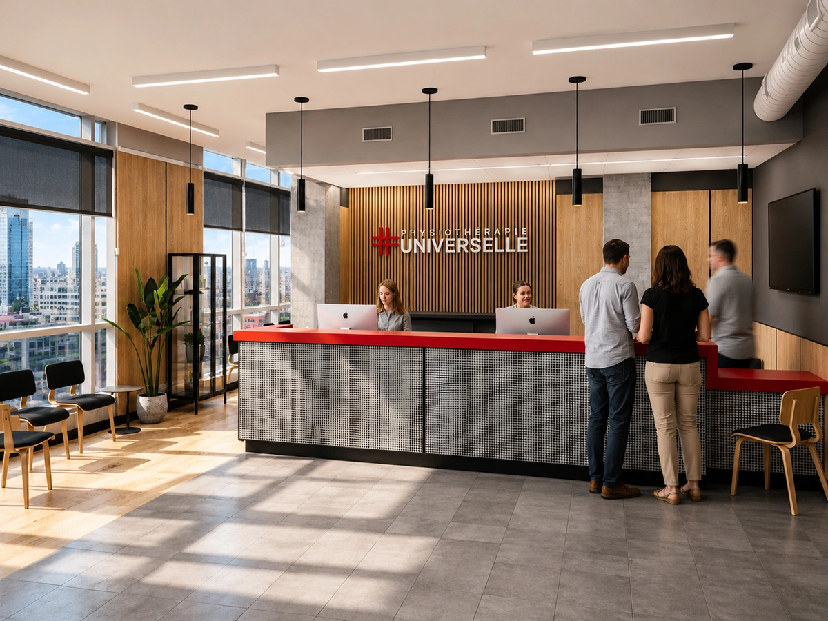 Design de réception de clinique par Dany Perron : comptoir d'accueil moderne rouge et noir, lattes de bois verticales et logo Physiothérapie Universelle
