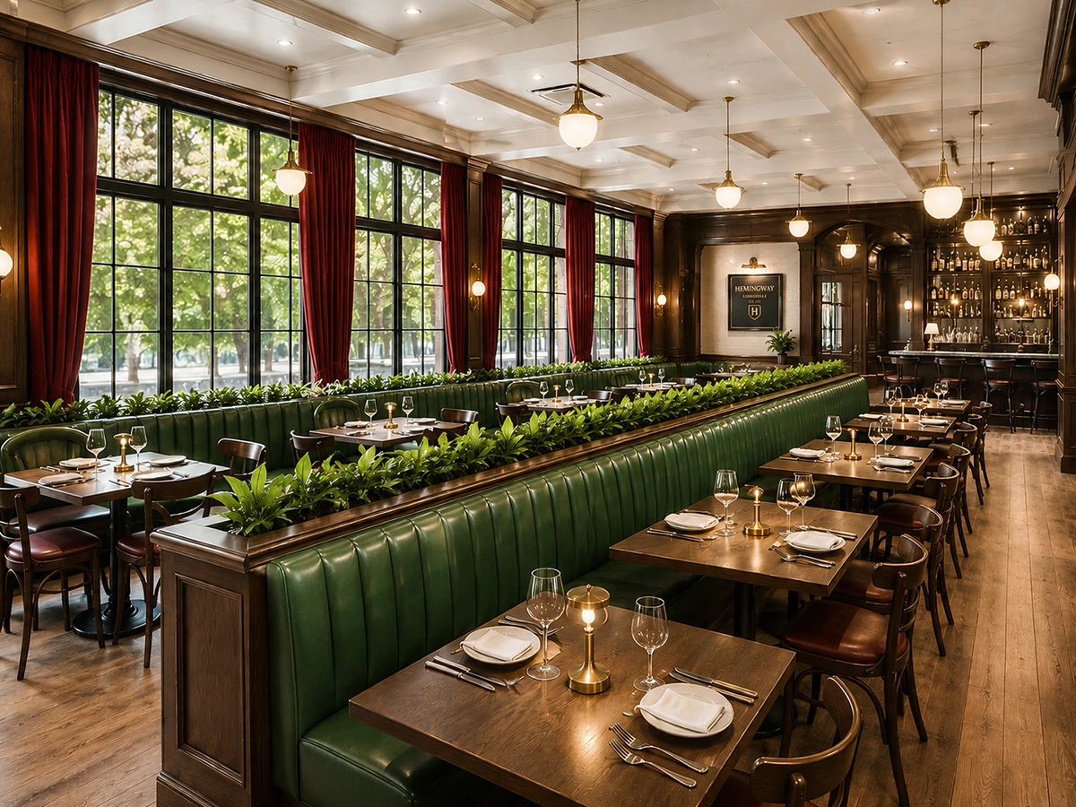 Salle à manger élégante avec banquettes vertes, grandes fenêtres et design intérieur commercial intemporel