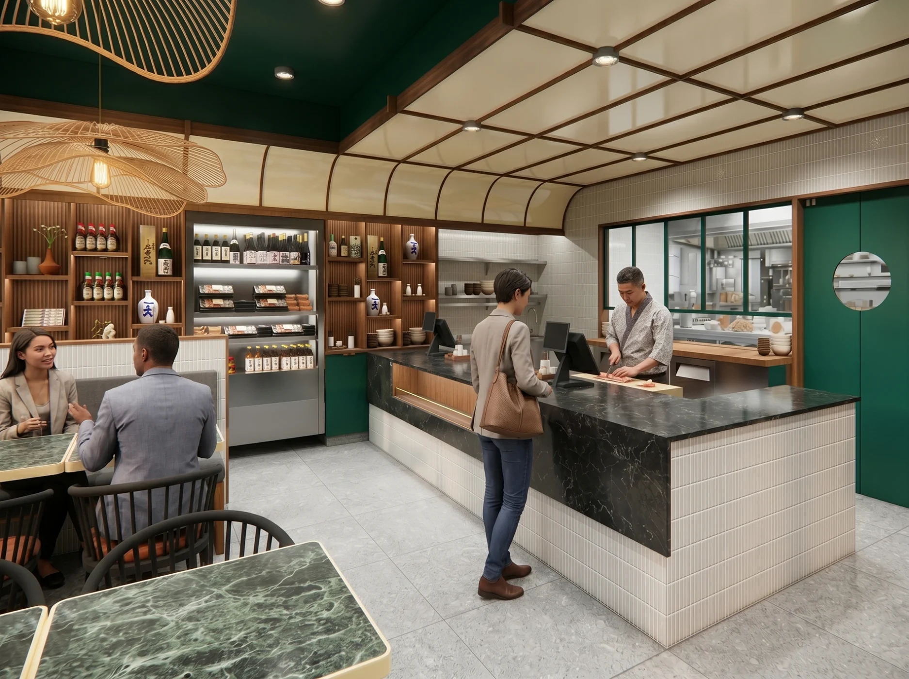 Design de restaurant à Montréal - comptoir sushi saké, suspensions en rotin et plafond courbé