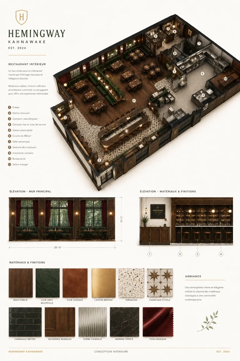 Présentation du concept de design intérieur commercial Hemingway avec plan axonométrique, matériaux et élévations techniques