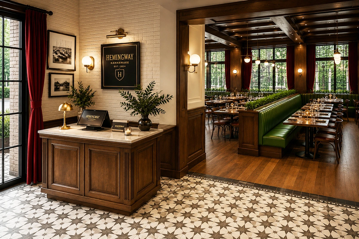 Entrée du concept de restaurant Hemingway avec réception en bois foncé, design intérieur commercial élégant et salle à manger lumineuse. Dany Perron designer d'intérieur.