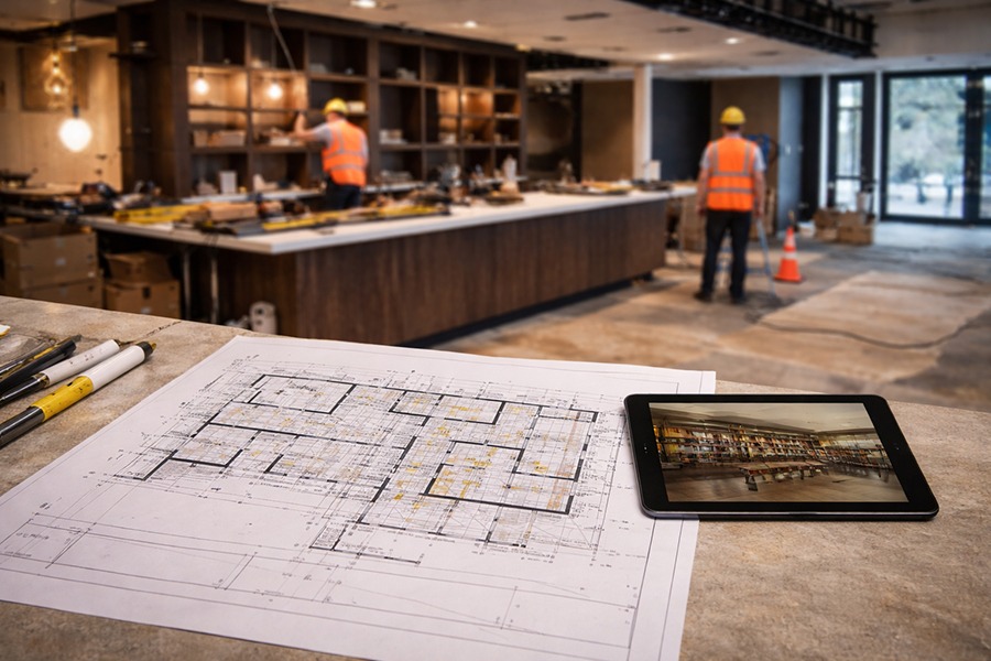 Consultation avec un designer d'intérieur commercial à Montréal - Plans techniques et aménagement.