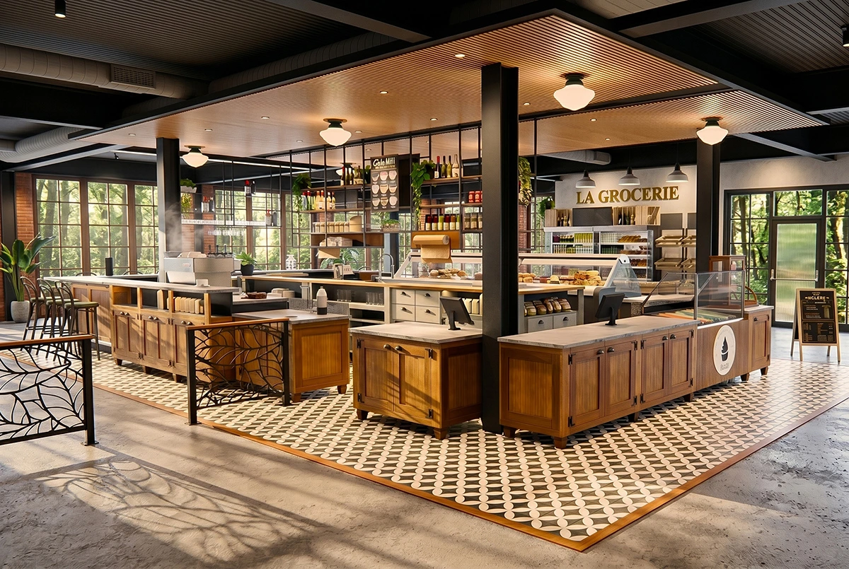 Marché intérieur La Grocerie à Old Chelsea avec comptoirs, produits et espace café aménagé