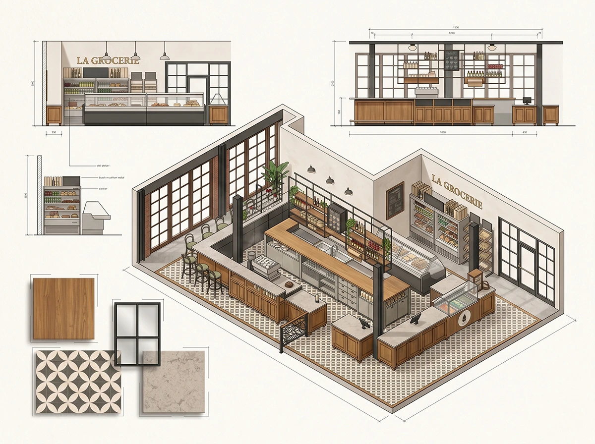 Plan d'aménagement de La Grocerie à Old Chelsea avec comptoirs, circulation et matériaux