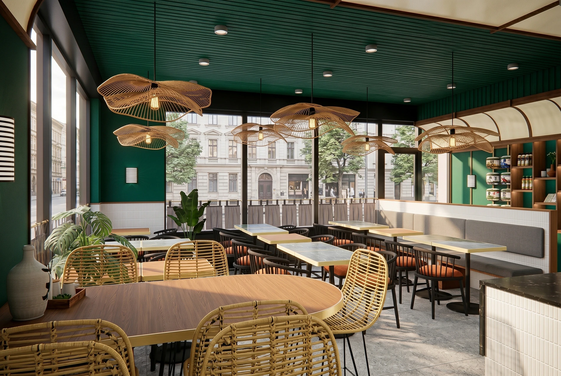 Luminaires suspendus en rotin de forme organique dans un restaurant au design moderne avec plafond vert et chaises tressées.