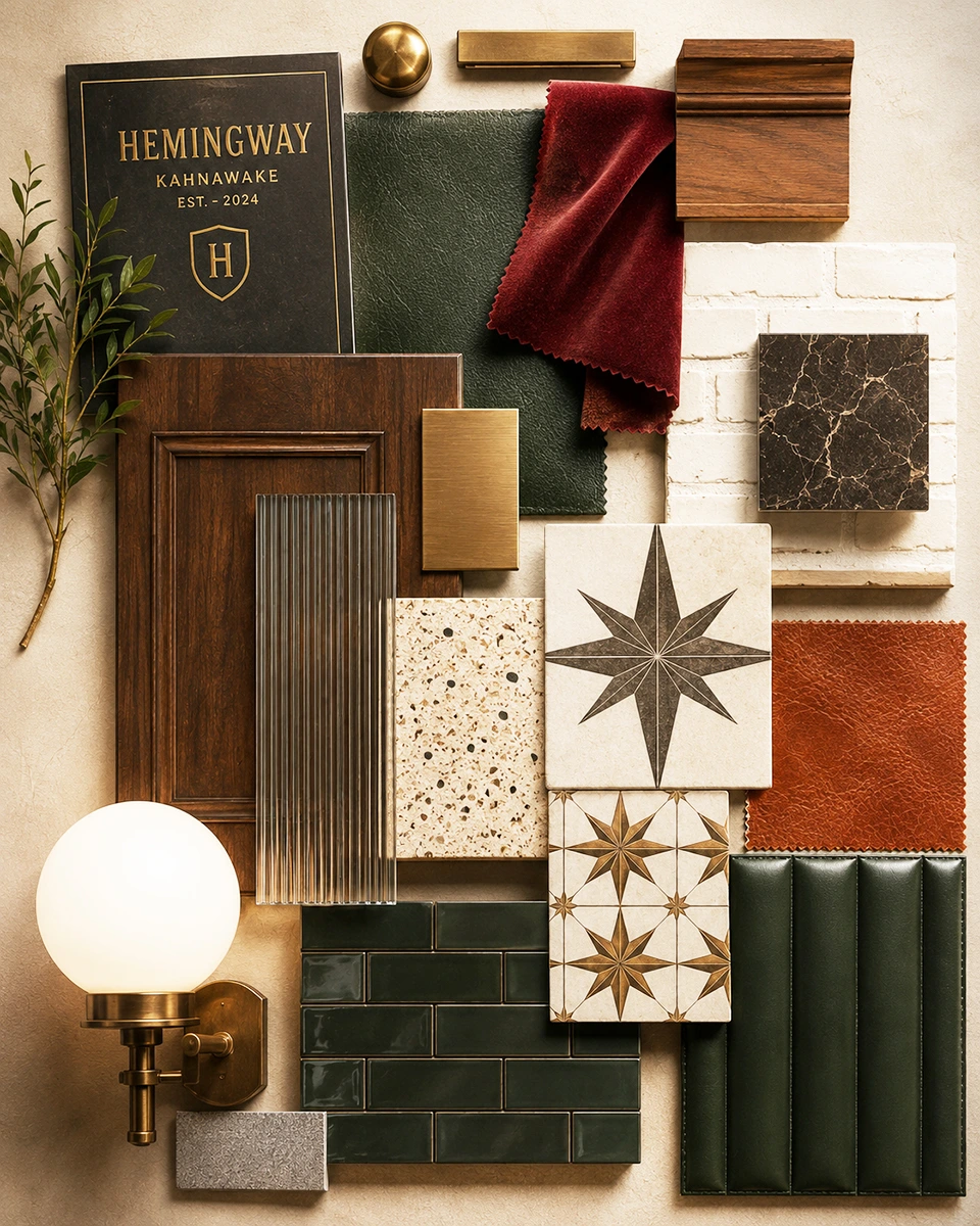 Sélection de matériaux et finis pour un projet de design intérieur de restaurant avec bois foncé, laiton, cuir vert et céramique décorative