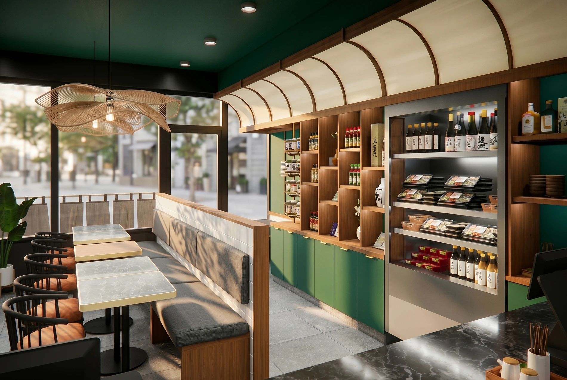 Meuble de présentation sur mesure en bois avec étagères décoratives et section réfrigérée pour un restaurant asiatique à Montréal. Un design commercial.