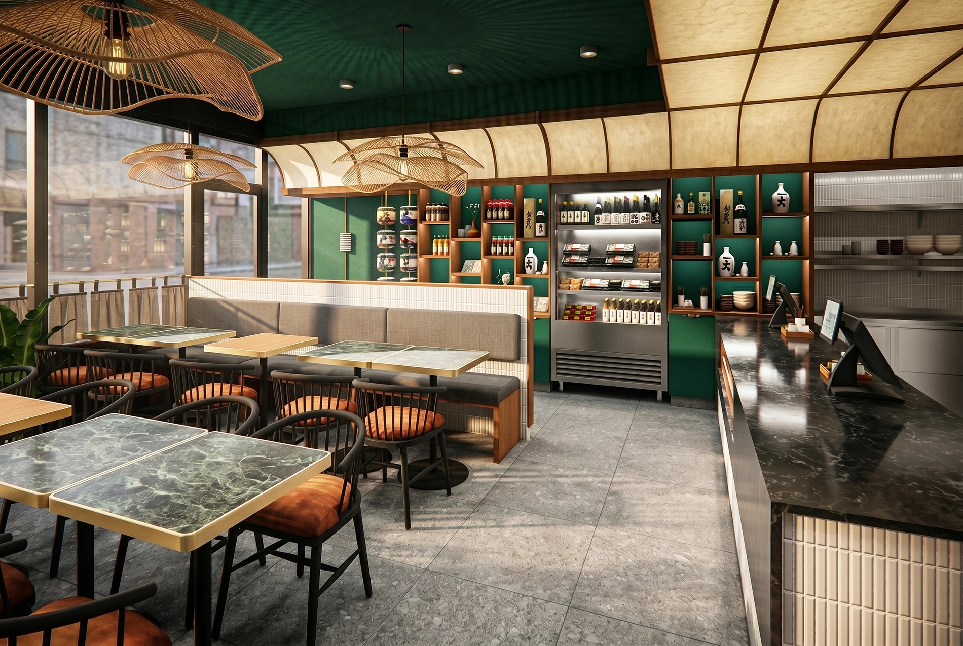 Vue d'ensemble de la salle à manger d'un restaurant de sushi avec tables en marbre vert, banquettes beiges et grand meuble de présentation mural.