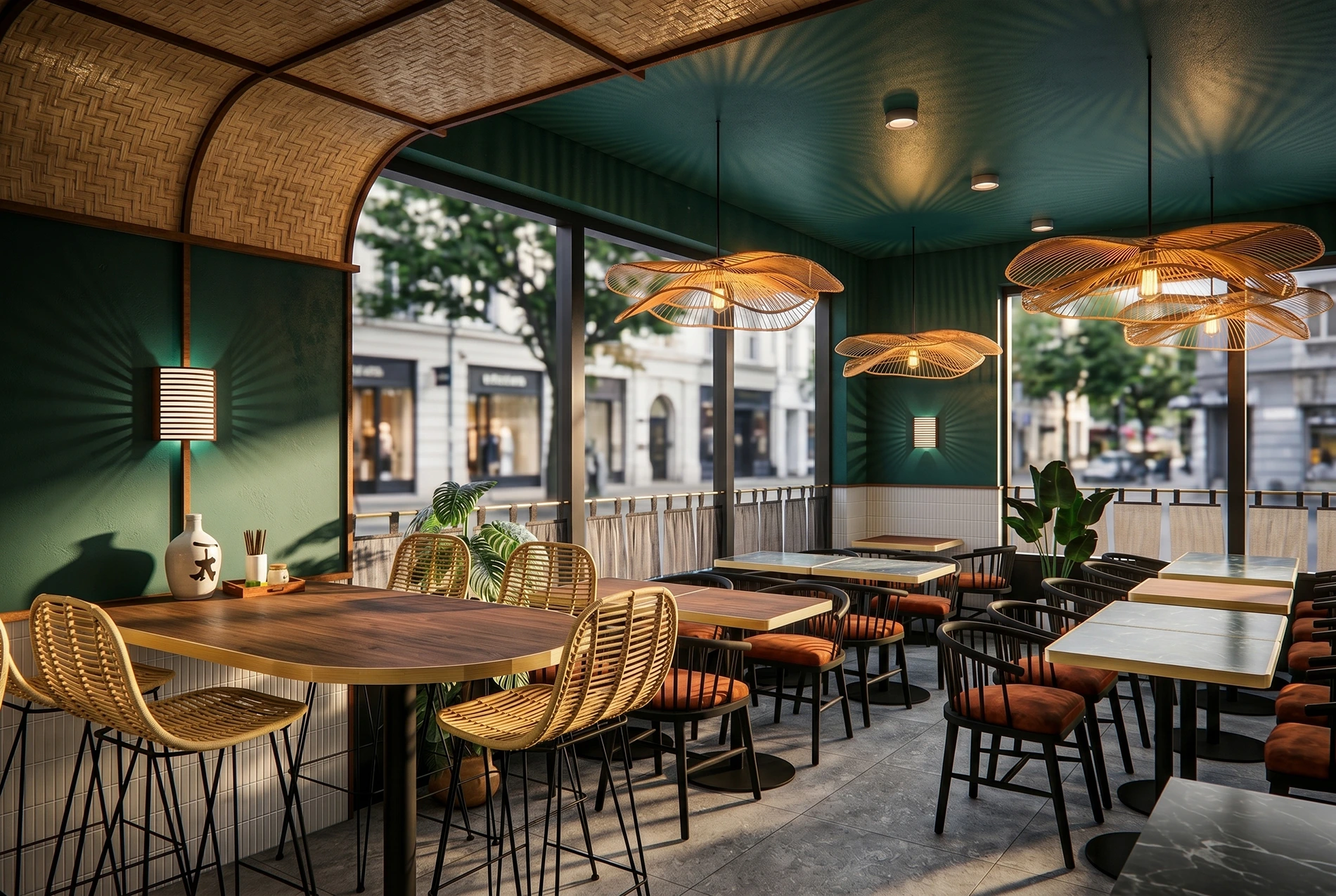 Détail d'un plafond courbé en bois avec luminaires organiques en rotin et vue sur la salle à manger d'un restaurant moderne. Un projet signé Dany Perron, designer d'intérieur.