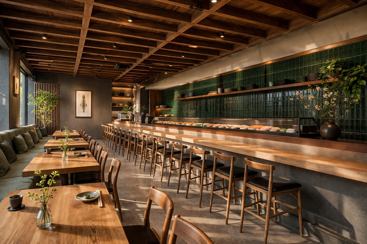 Restaurant sushi contemporain à Montréal avec long comptoir en bois et céramique verte