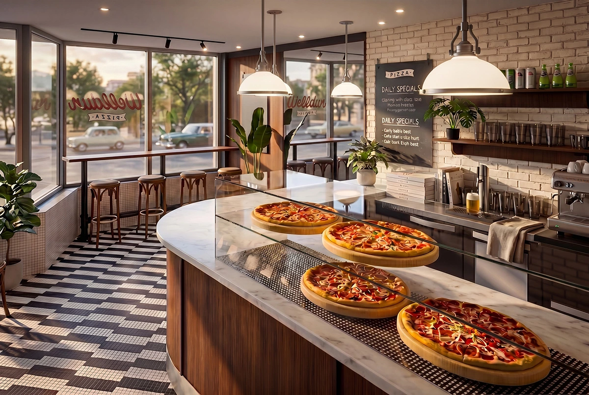 Comptoir de service du restaurant Welldun Pizza à Verdun avec présentation des pizzas